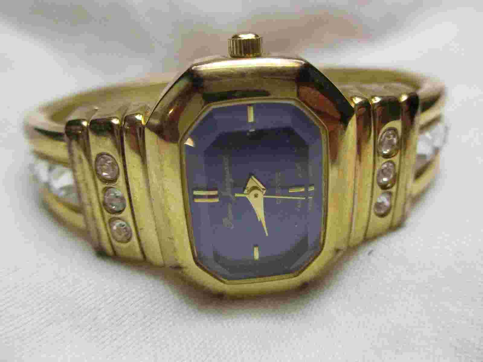 Pierre Jacquard Goldtone Cuff Watch, Blue Octagon Dial, Rhinestones, Metal Band