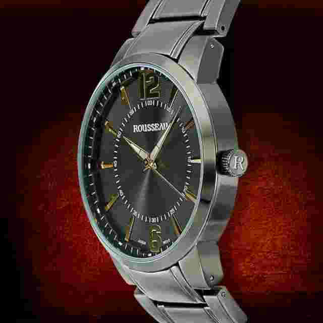 NEW Rousseau 9413 Men's Flury Glory GUNMETAL Band Watch 44mm Gold Black Dial
