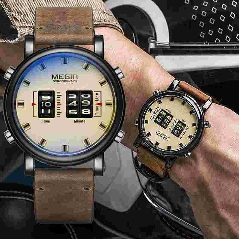 Quartz Analog Leather Drum Roller Business Watch for Men MEGIR Relogio Masculino