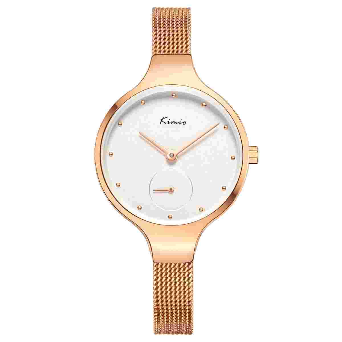 Kimio K6332 Rose Gold Steel Dial Seconds Wrist Watch for Women