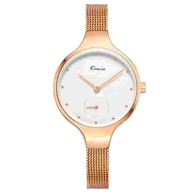Kimio K6332 Rose Gold Steel Dial Seconds Wrist Watch for Women