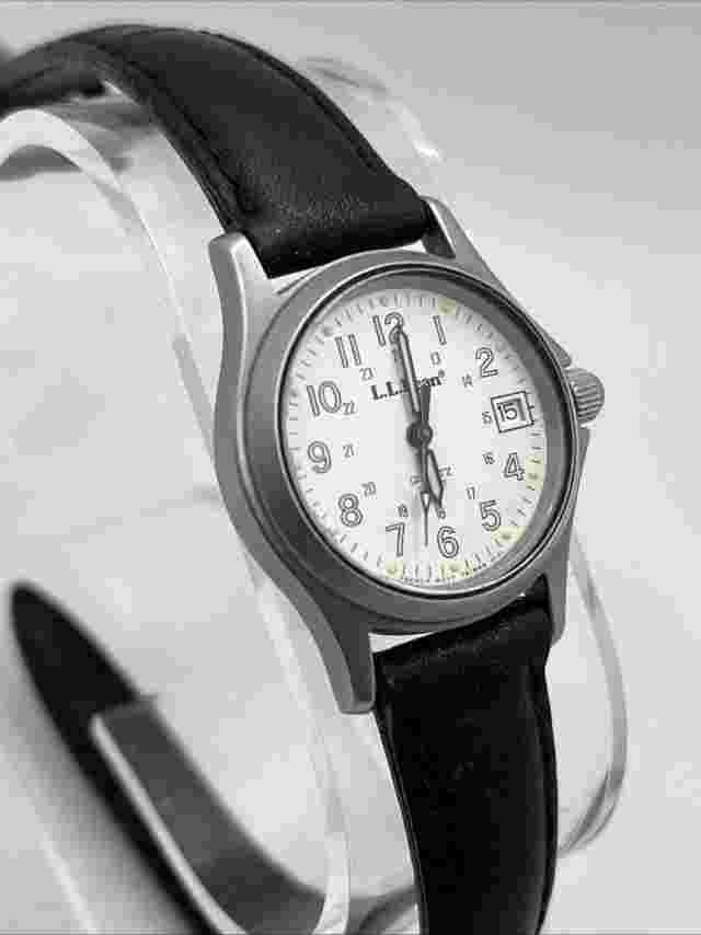 L.L. Bean Women's Field Watch Silver 26mm Case Black Leather Band- New Battery