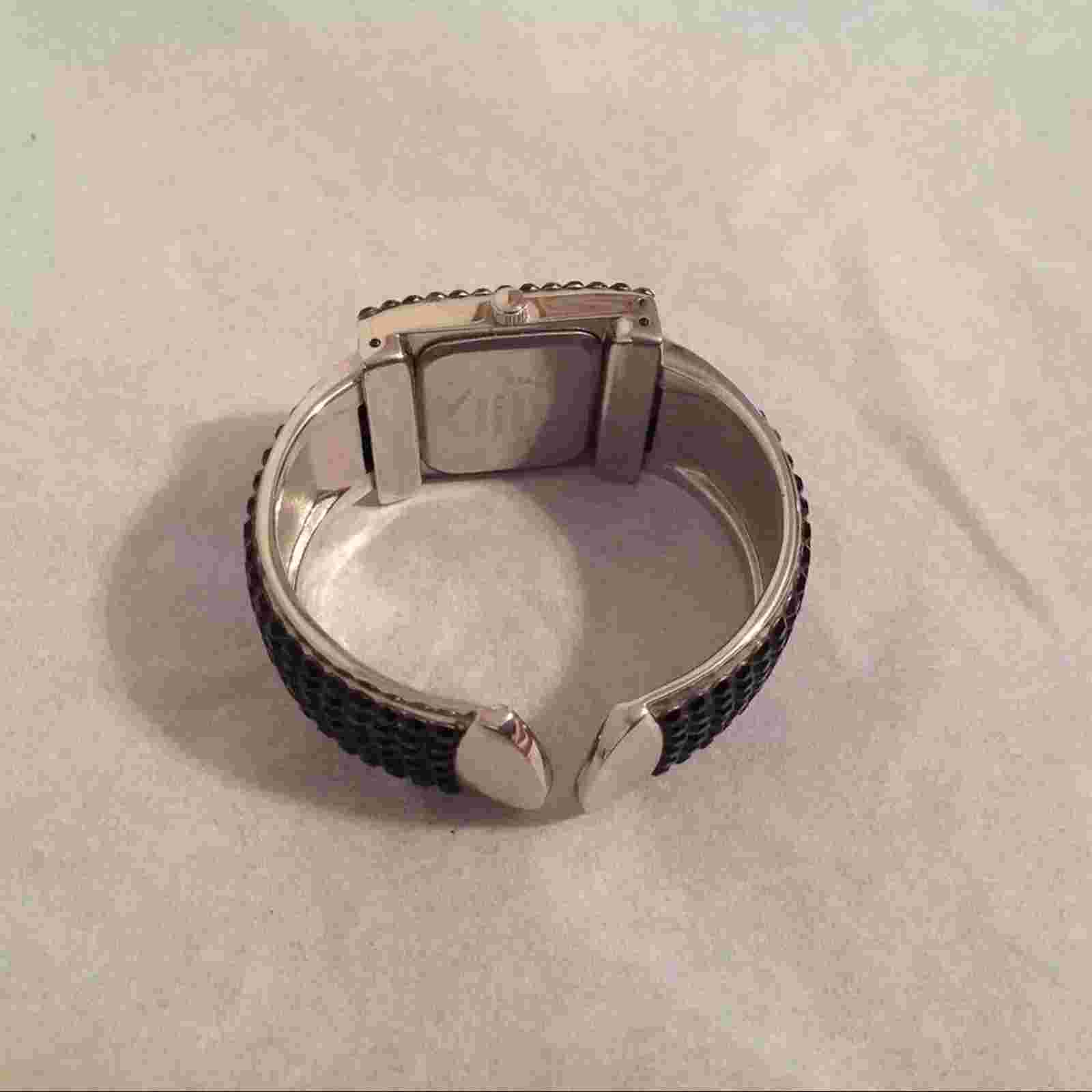 Geneva Silver Tone Black Rhinestone Cuff Hinged Watch 2 1/4" Width Needs Battery