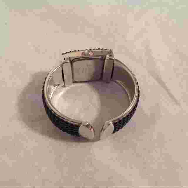 Geneva Silver Tone Black Rhinestone Cuff Hinged Watch 2 1/4" Width Needs Battery