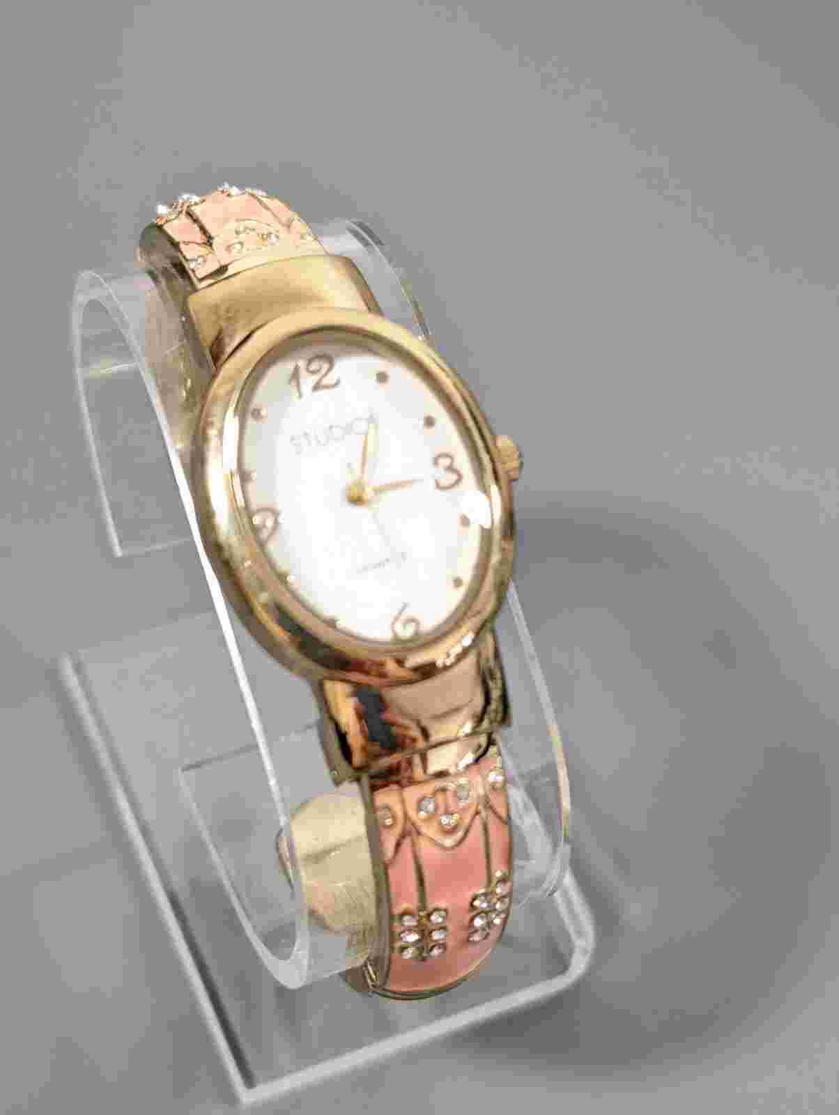 Studio Womens Peach Pink Enamel Flower Crystal Hinge Cuff Watch New Battery 25mm