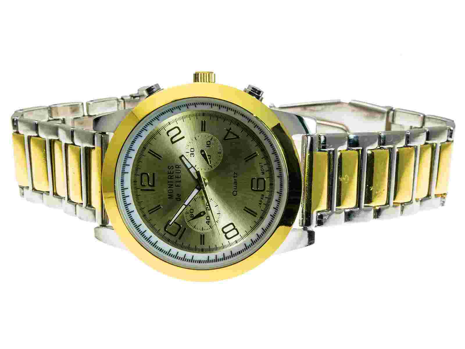 MONTRES de FLEUR:MEN'S METAL BAND GOLD AND SILVER FINISH ANALOG QUARTZ WATCH