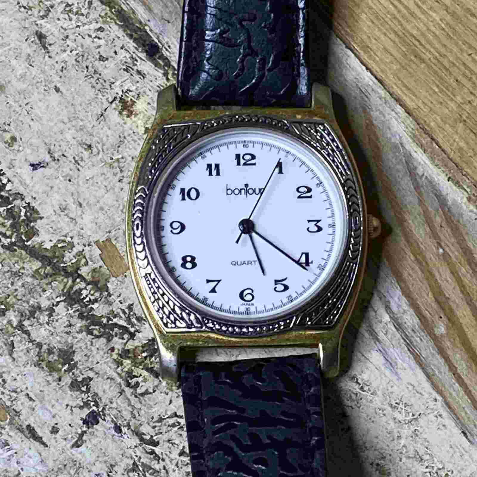Bonjour Womens Quartz Watch With Leather Band Two Tone Case With Carved Style