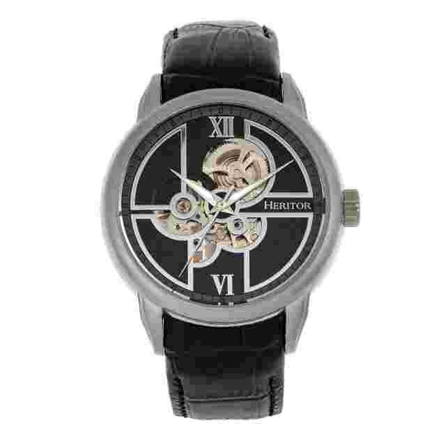 HERITOR Automatic Sanford Semi-skeleton Dial Black Leather Men's Watch Hr8302