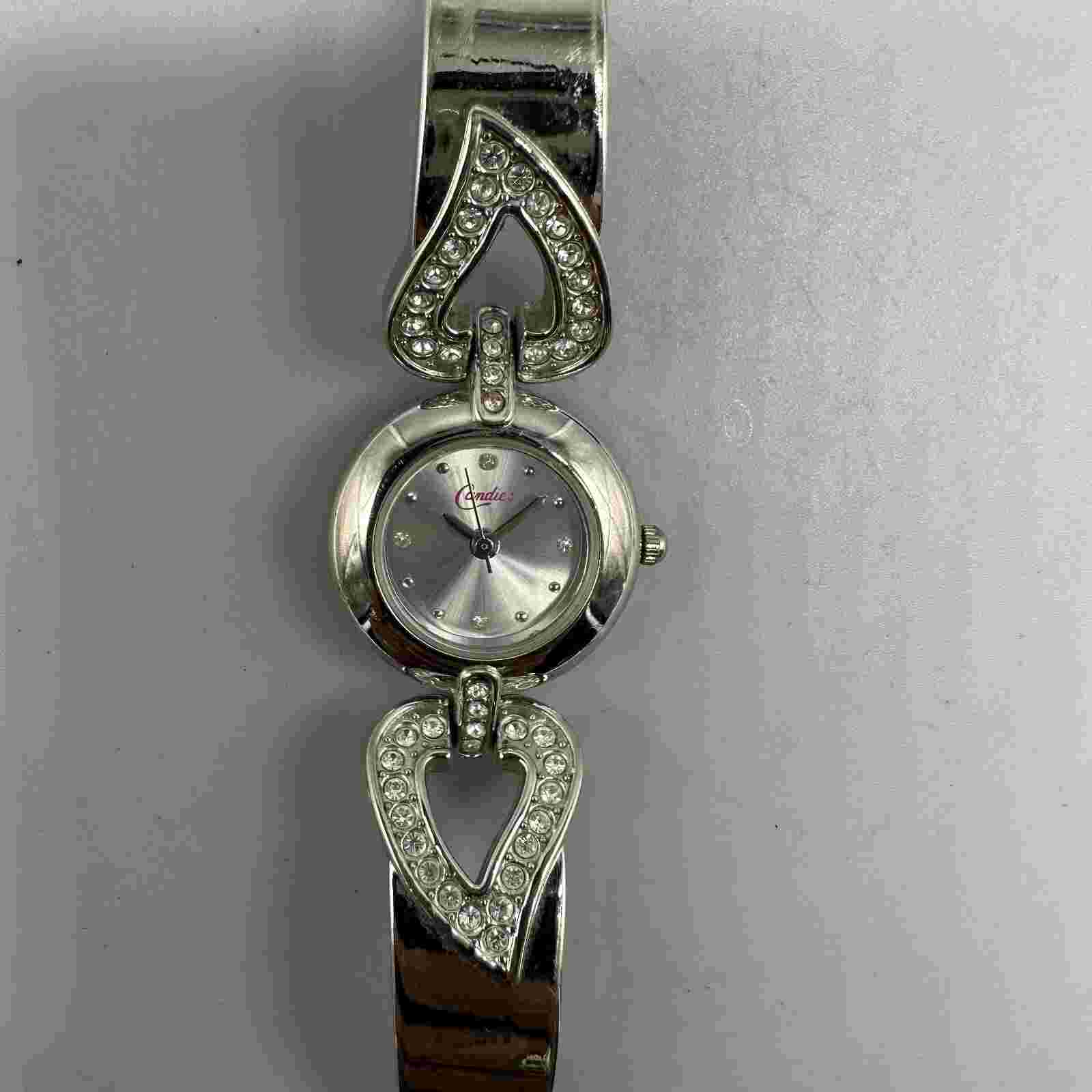 Candies Watch Women Silver Tone Rhinestone Hearts Band Fashion New Battery 7.5"