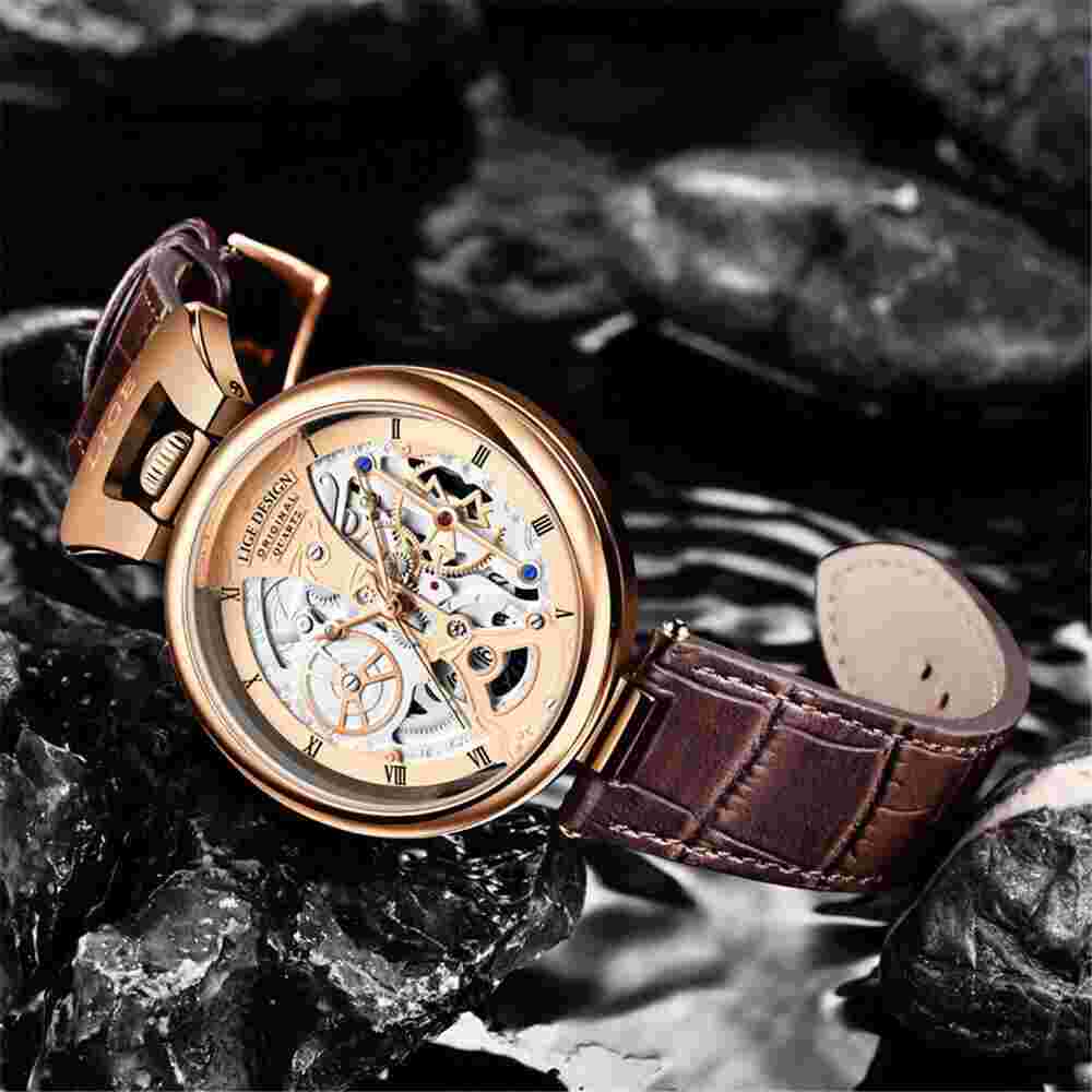 LIGE Men Quartz Watch Roman Numerals Hollow Dial Male Leather Strap Wristwatch