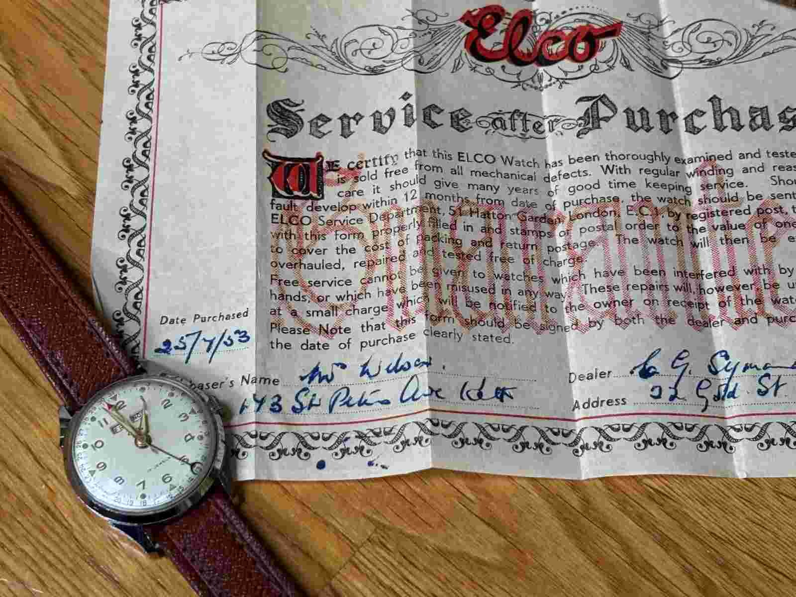 Rare Vintage Elco watch, case and original paperwork