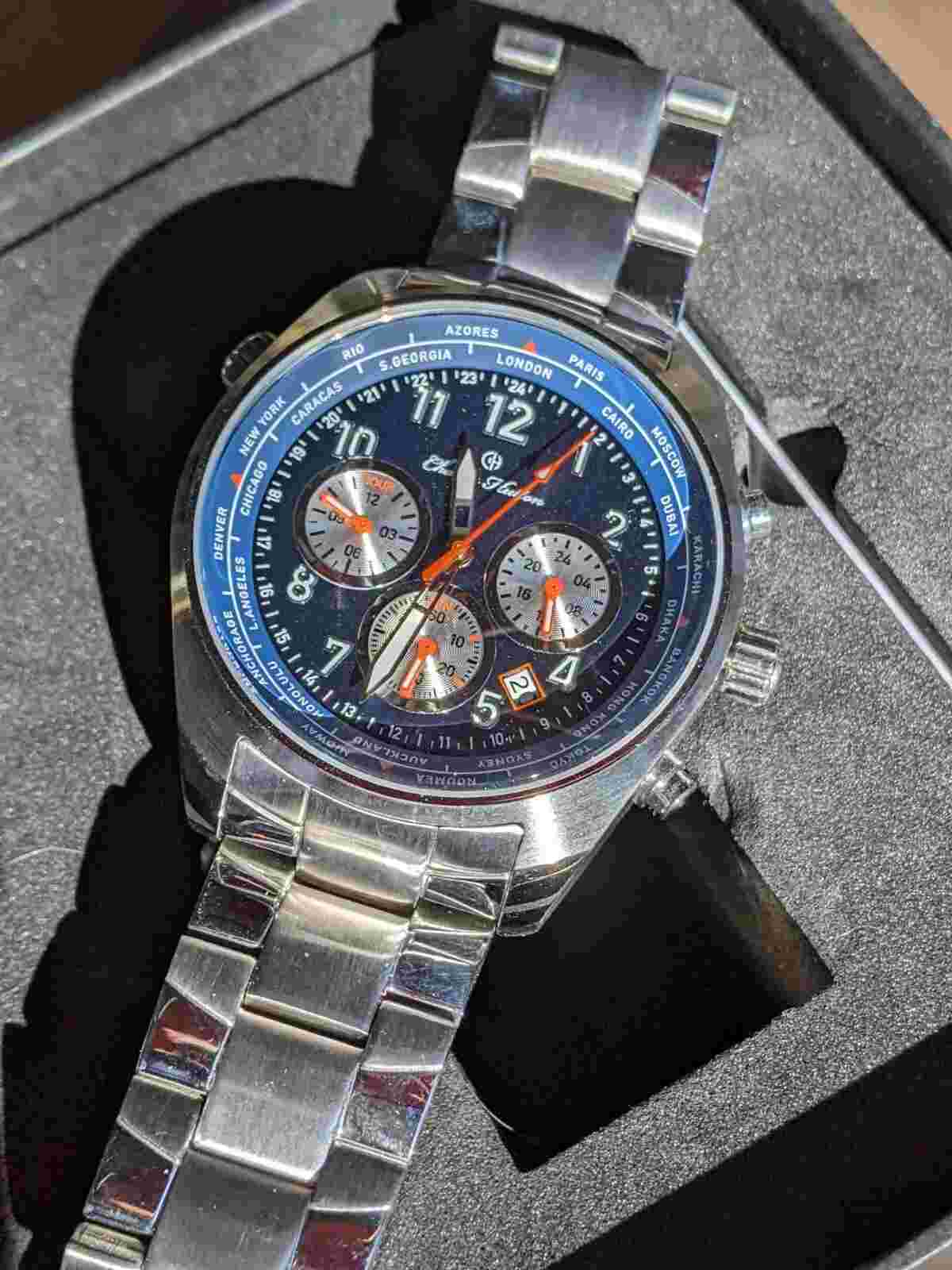 Charles Hutton Dual Time 85146-11d Blue Dial 43.5 Mm Case W SS Bracelet RP