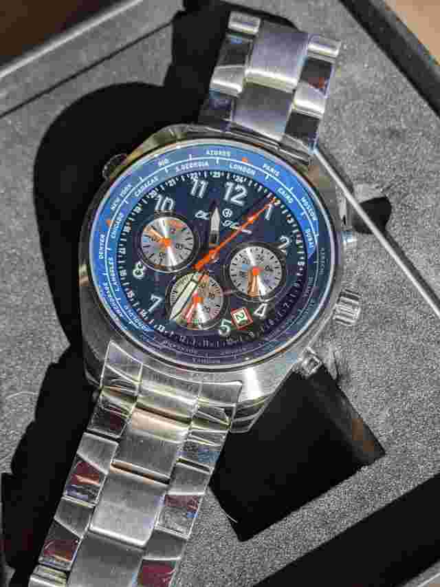 Charles Hutton Dual Time 85146-11d Blue Dial 43.5 Mm Case W SS Bracelet RP