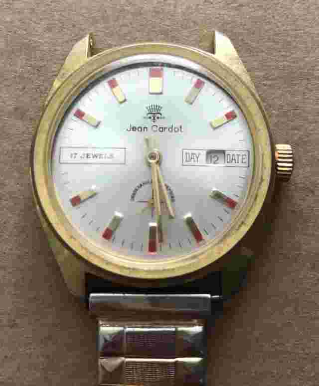 Vintage JEAN CARDOT 17 Jewels Men’s Wrist Watch GOLD RED