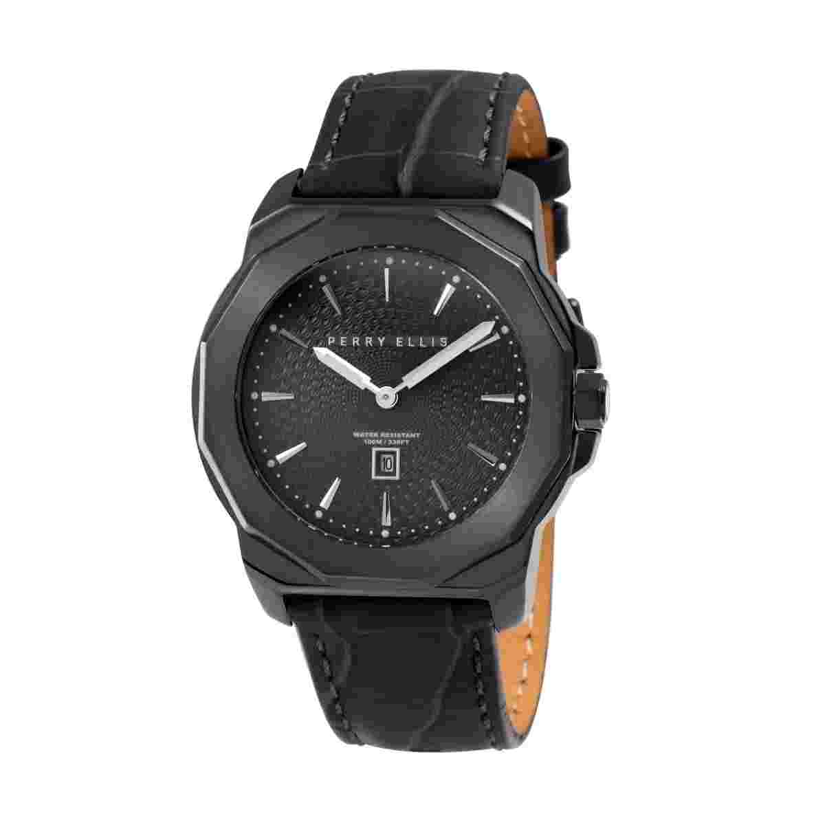 NEW Perry Ellis 46mm Decagon Black SS 100M WR Men's Watch PEW05006-01 Invicta