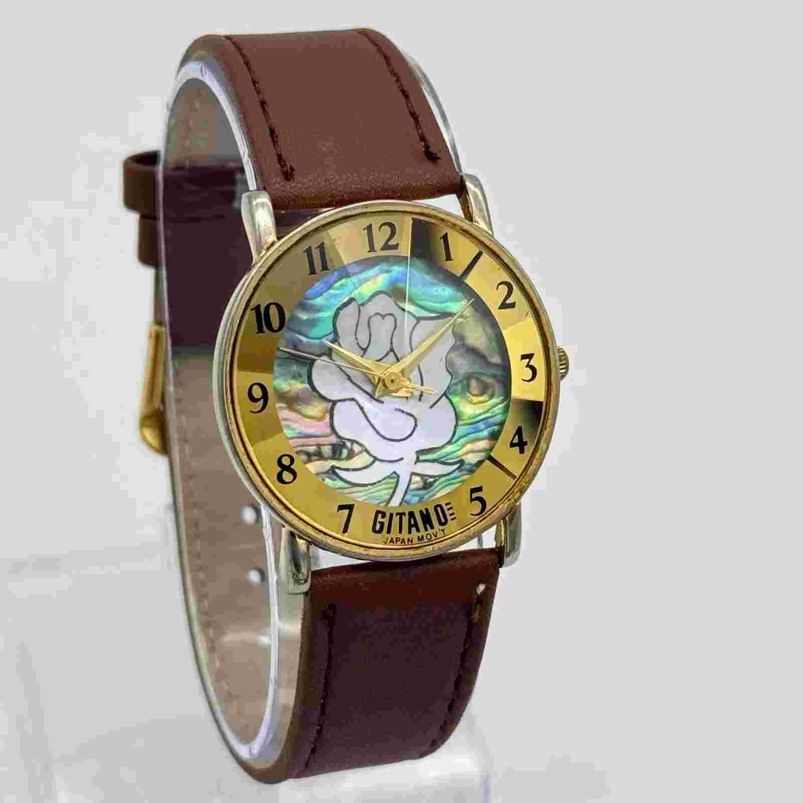 Women's GITANO Gold Tone Abalone Shell & Rose Dial Watch, Brown Leather, 32mm