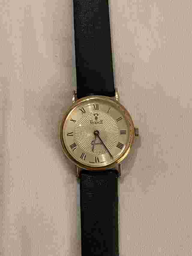 Vicence Ladies 14K Gold Watch, Black Genuine Leather Band, Milor Italy