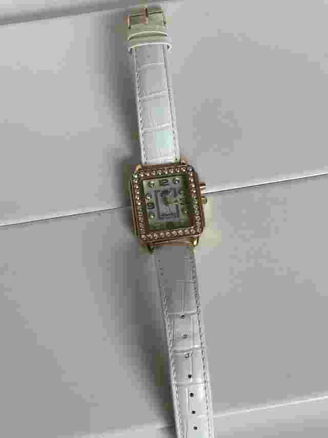 Kirks Folly Womens Gold Tone Square Watch w White Leather Band As Is