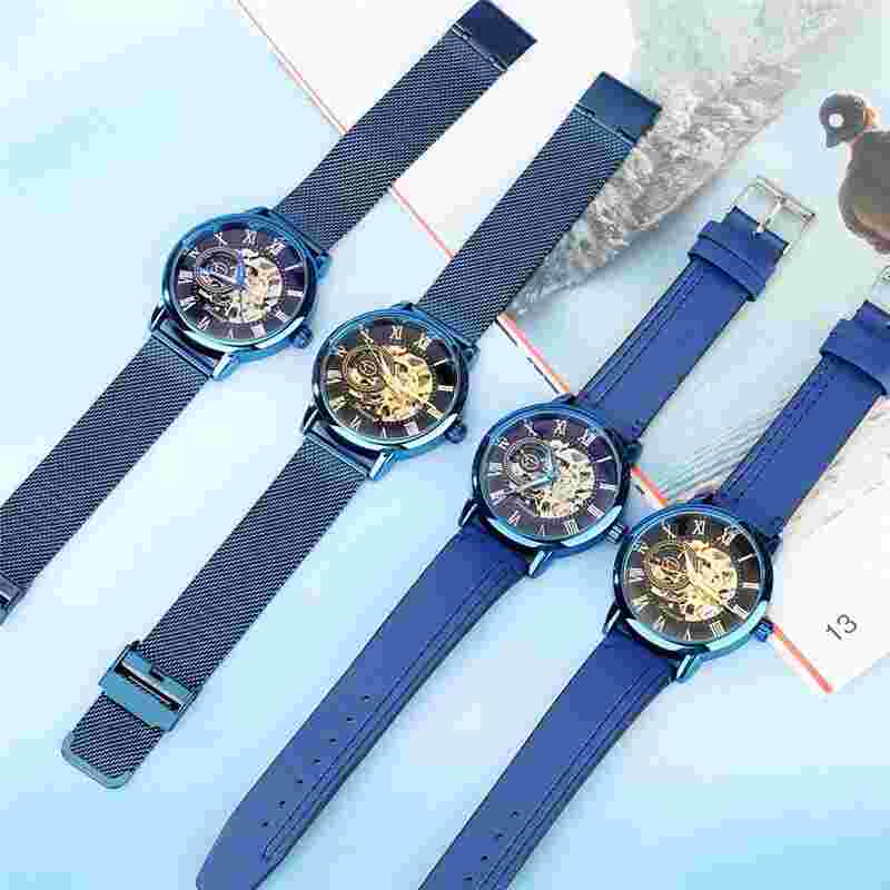 Forsining Mens Mechanical Watch 3D Skeleton Retro Design Blue Steel/Leather Band