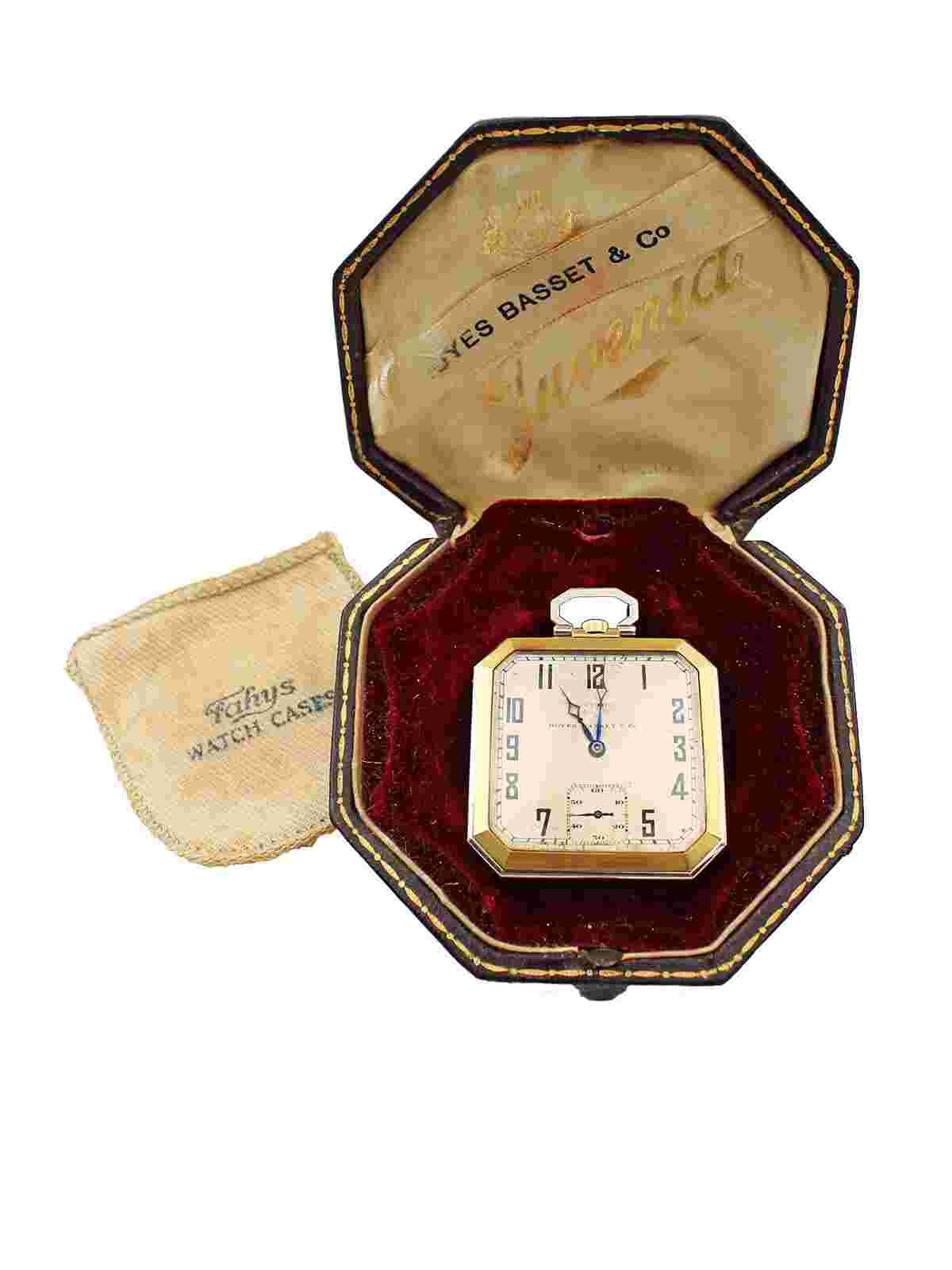 Juvenia 18k YG Square Open Face Travel Pocket Watch w/ Box & Swing-Out Stand