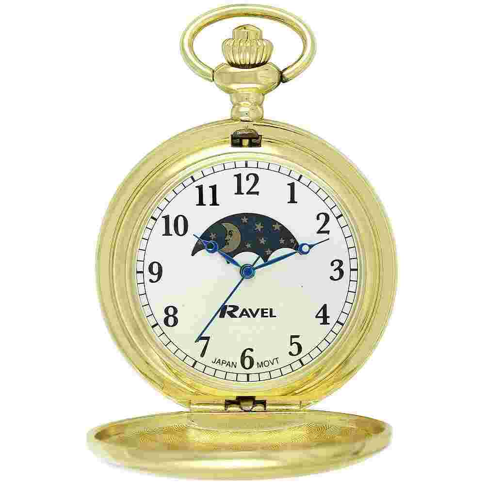 Ravel Polished moon Design Gold Gents Pocket Watch with 12 Inch Chain  sku 29
