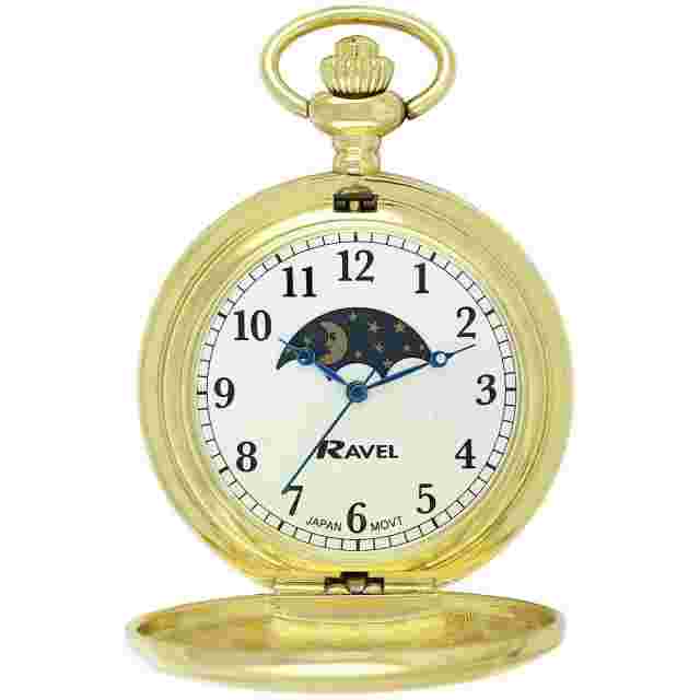 Ravel Polished moon Design Gold Gents Pocket Watch with 12 Inch Chain  sku 29