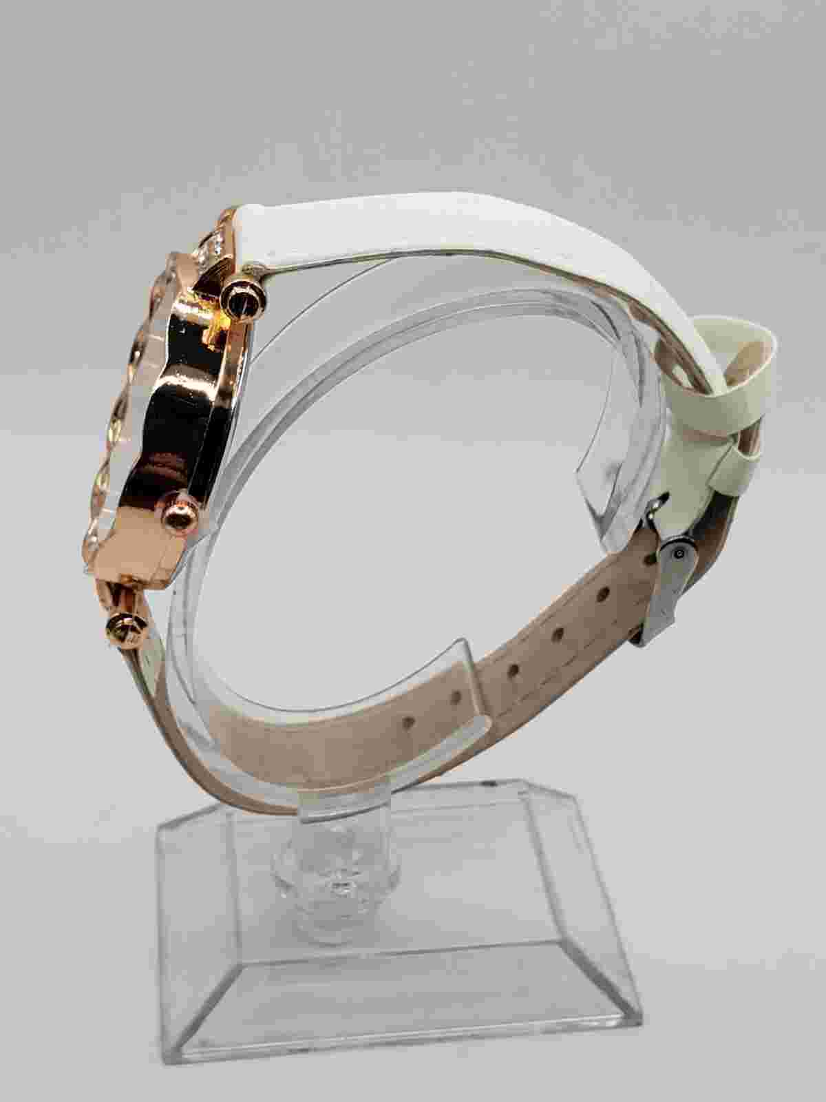 Soki Ladies Fashion gem Quartz Watch 34mm Round Gold Tone Faux Leather Band
