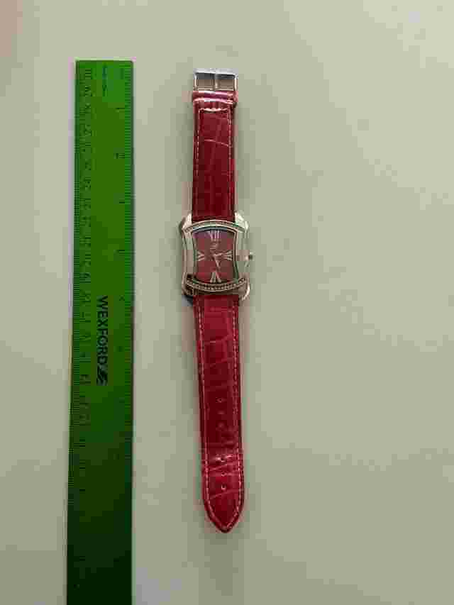 BURGI Rhinestone Stainless Red Croc Embossed Leather Quartz Wrist Watch Working
