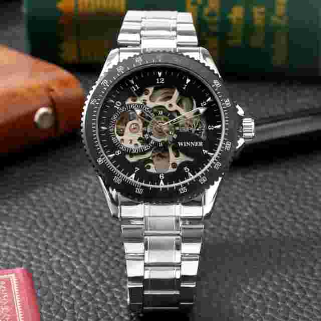 Winner Mechanical Watch Men's Automatic Skeleton Wristwatch Silver Steel Strap