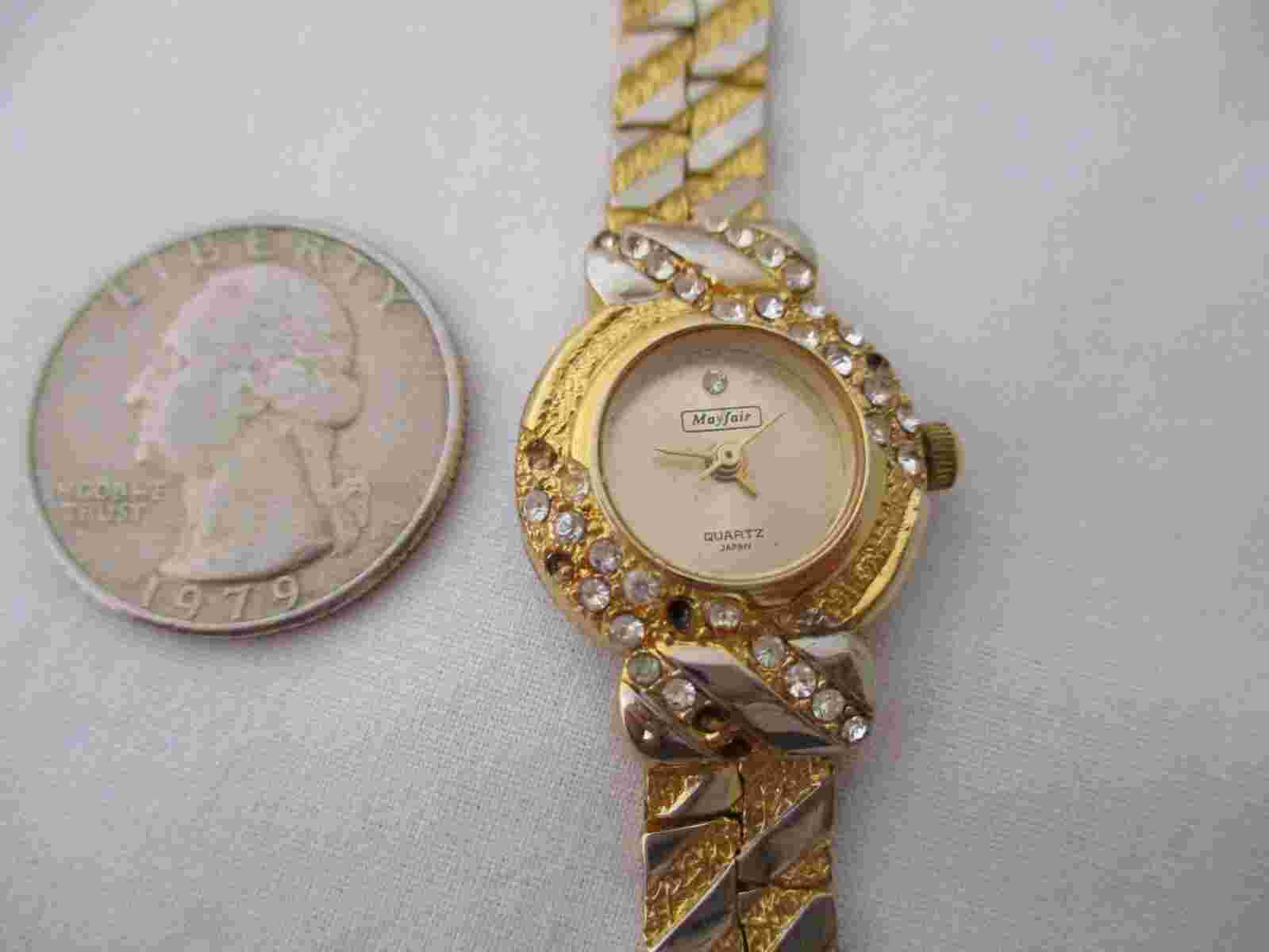 Mayfair Ladies Gold Toned Watch Analog Bracelet Band Rhinestones