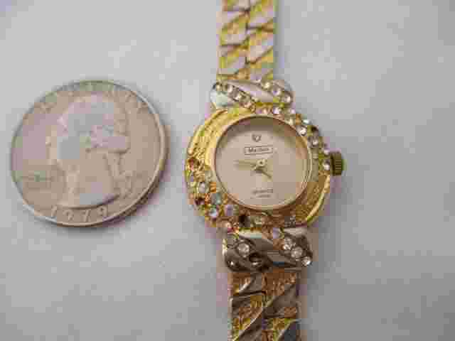 Mayfair Ladies Gold Toned Watch Analog Bracelet Band Rhinestones