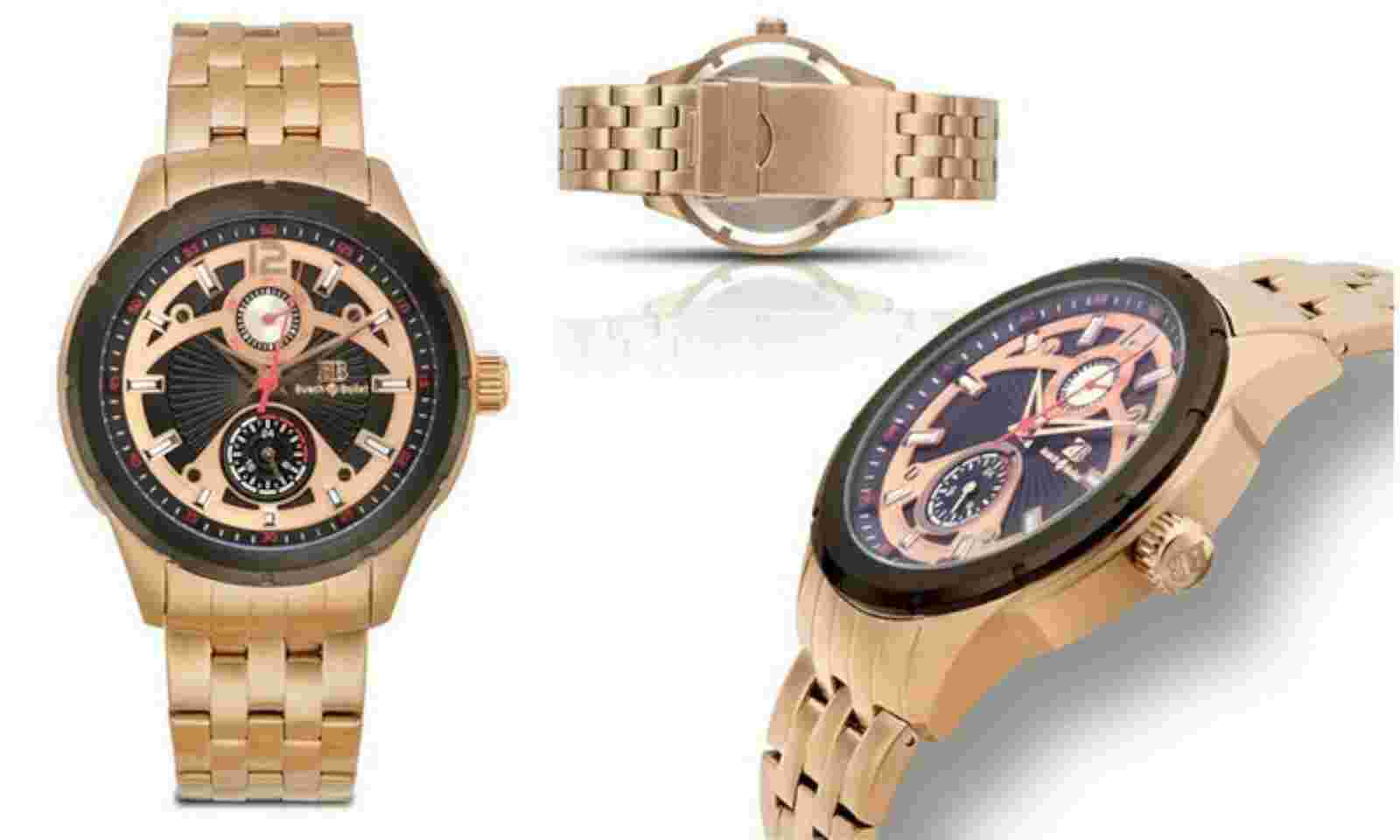 NEW Buech & Boilat 14183 Men's Coureur Black Textured Dial Rose Gold Steel Watch