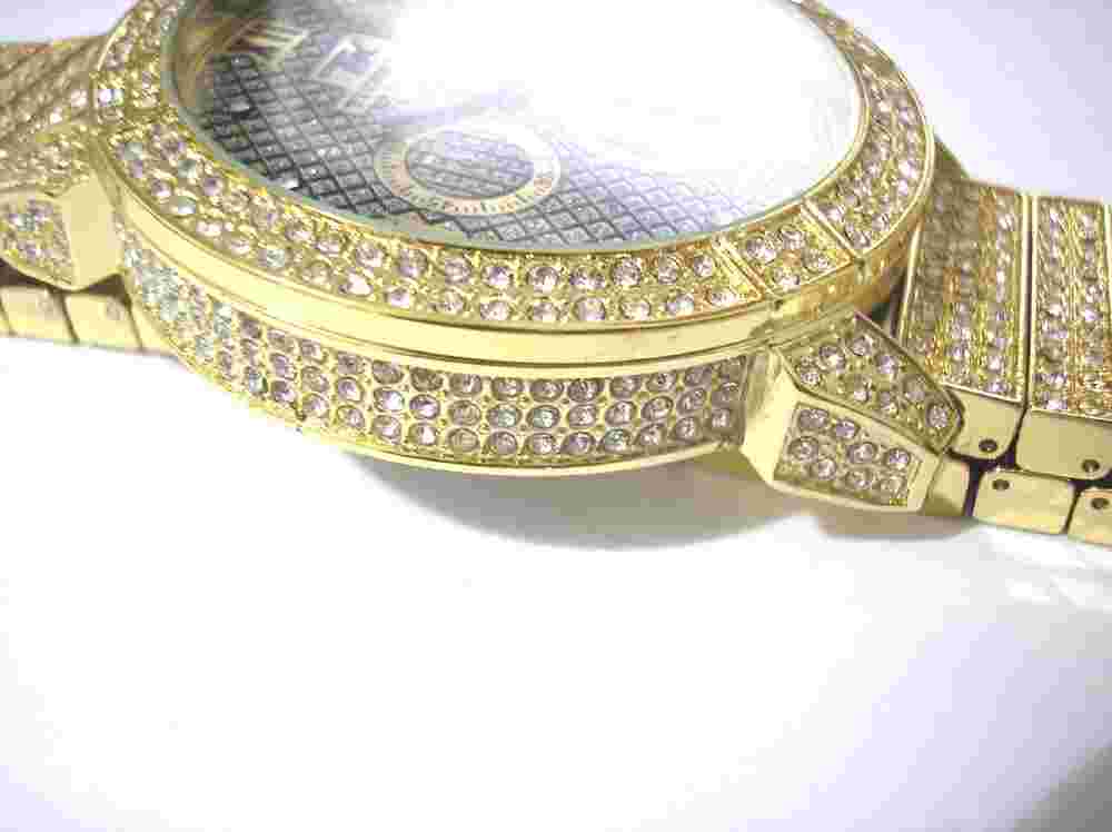 Gold Tone Metal Big Case Techno King Men's Watch w Crystals Item 2602