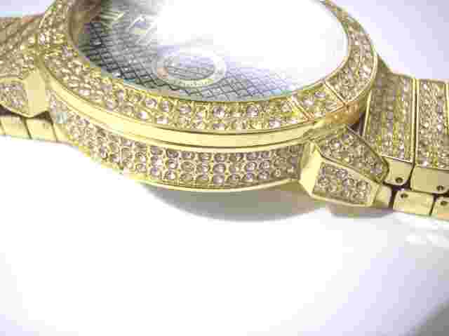 Gold Tone Metal Big Case Techno King Men's Watch w Crystals Item 2602