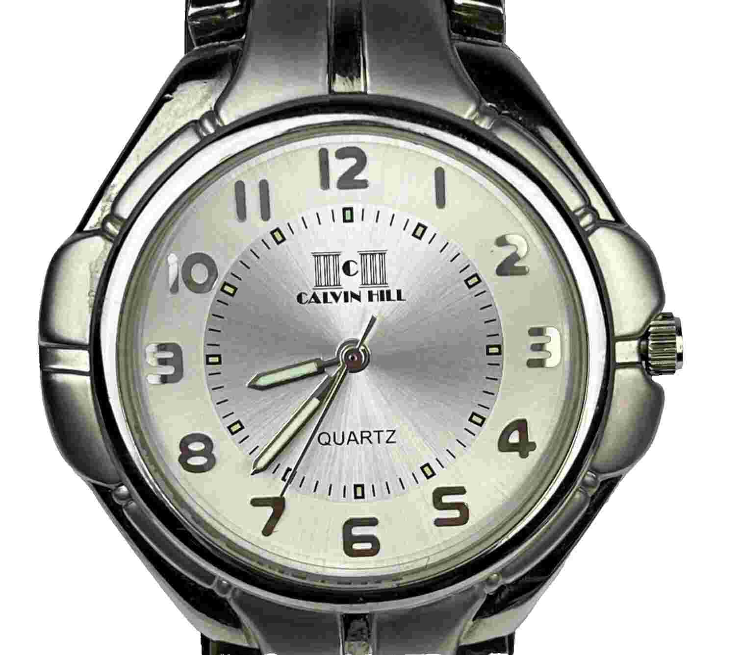 Calvin Hill Watch Mens Silver Tone Stainless Steel Classic Silver Dial New Batt