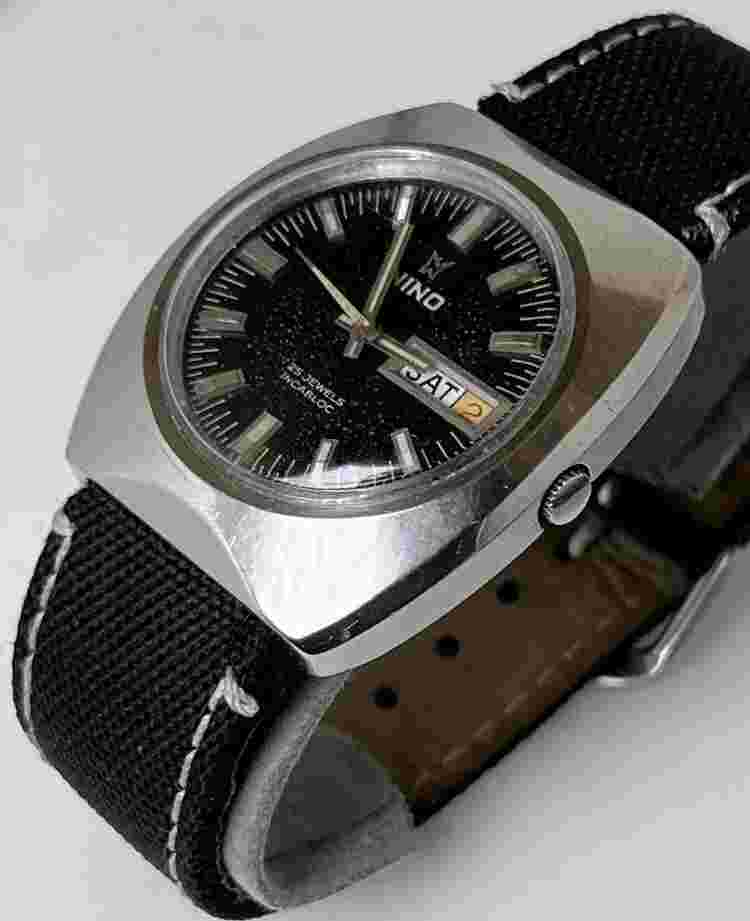Vintage NINO Men’s 40mm Day Date Swiss Automatic Watch 25j SS Black Dial Strap