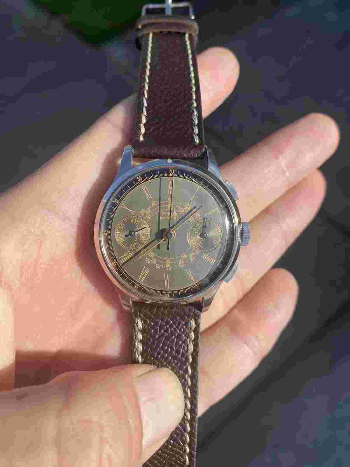 Rare Vintage Titus Geneve Gilt 2 Tone Dial Chronograph 36mm Landeron 39
