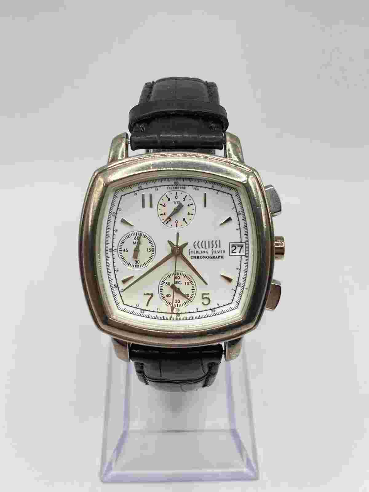 Ecclissi Vintage Sterling Silver Chronograph Unisex Black Leather Band Watch