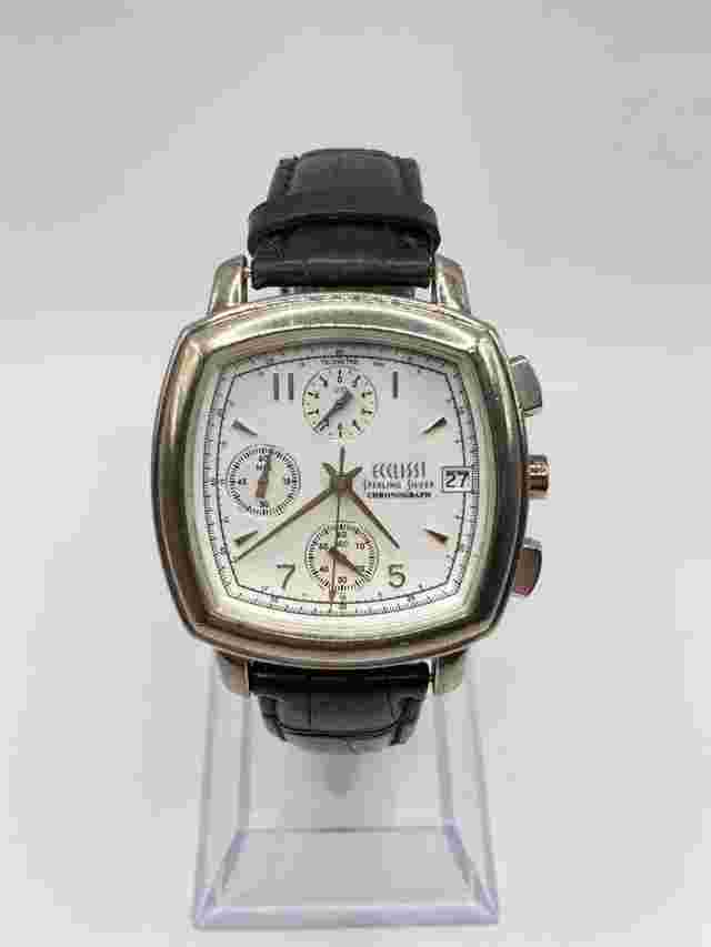 Ecclissi Vintage Sterling Silver Chronograph Unisex Black Leather Band Watch