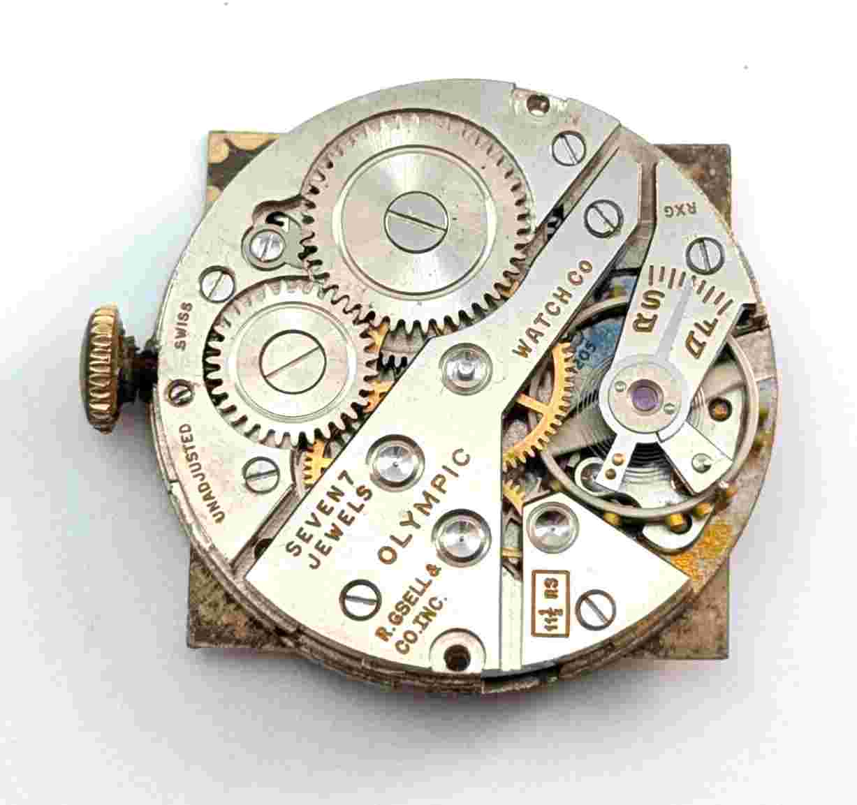 Vintage OLYMPIC Gsell & Co 7j 28mm Swiss Watch Movement & Rear Case PARTS REPAIR