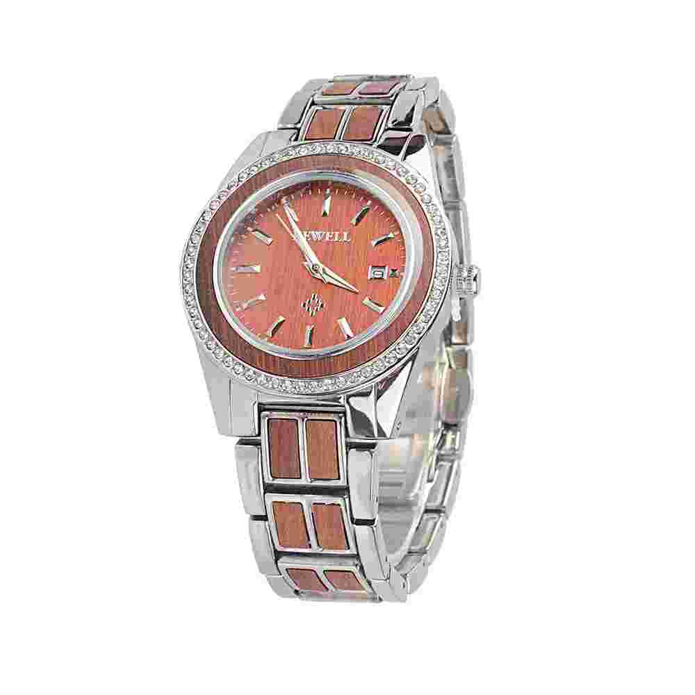 Bewell Unisex Natural Wood/Metal Watch 42MM Case Two Tone Crystal Bezel 30M WR