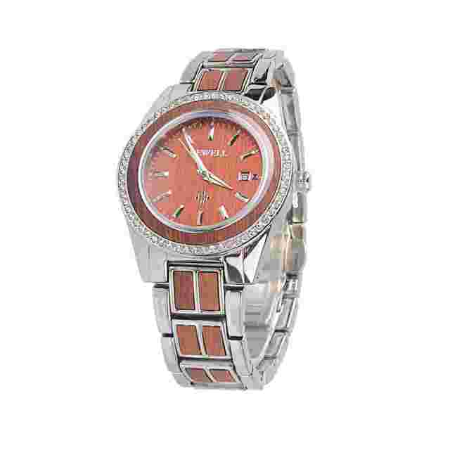 Bewell Unisex Natural Wood/Metal Watch 42MM Case Two Tone Crystal Bezel 30M WR