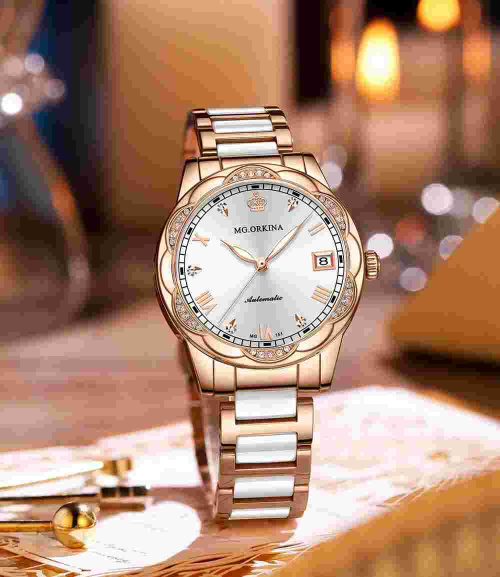 New Women Mechanical AutomaticDay Crystal Petal Shape Ceramic Wristwatches