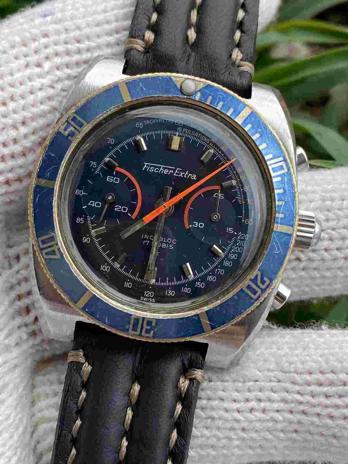 Chronograph Diver Watch Manual Landeron 149 Fischer Extra Mens 38.5mm Swiss Made