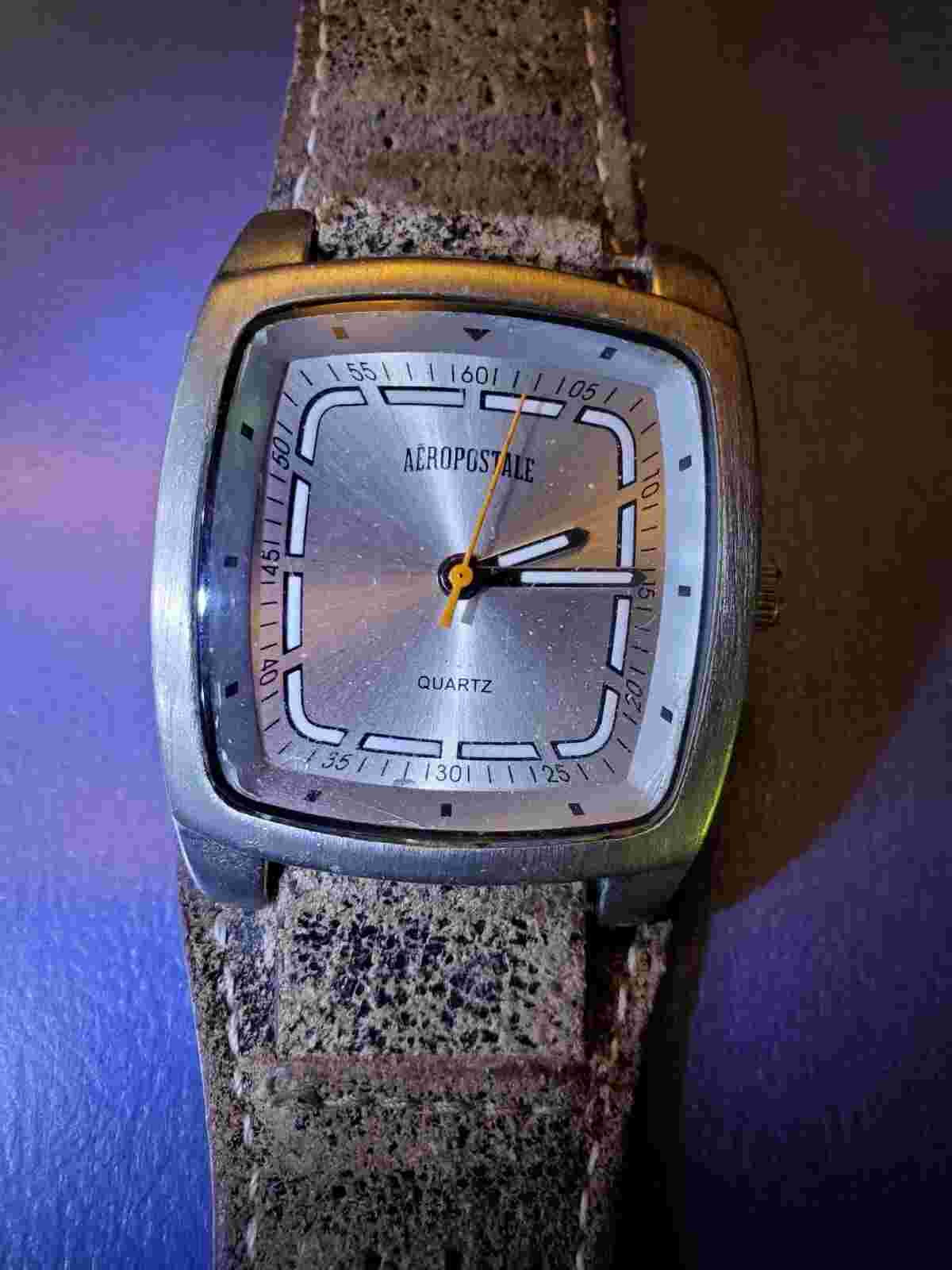 Aeropostale Mens Square Analog Quartz Watch with Brown Leather Strap - Tested