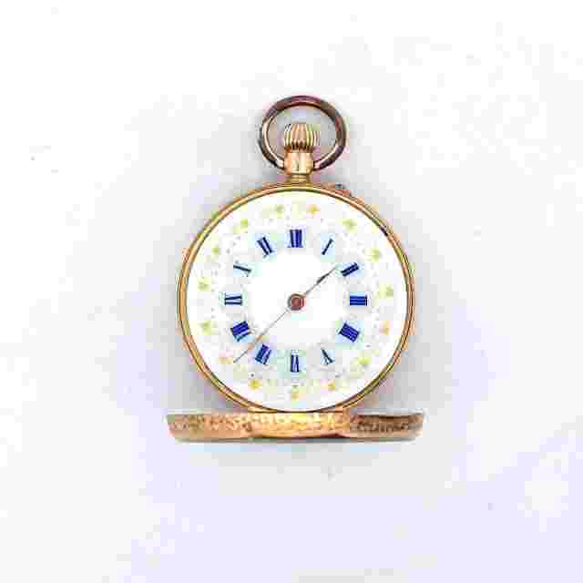 Antique 18K Yellow Gold Swiis Open Face Pocket Watch Fancy Dial