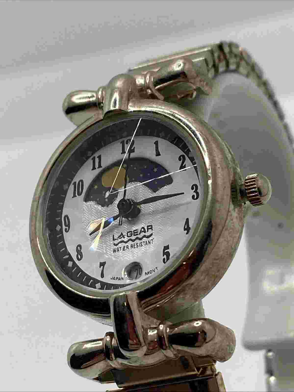 La Gear Ladies Moon Phase Watch Silver Tone Stretch Band New Battery!