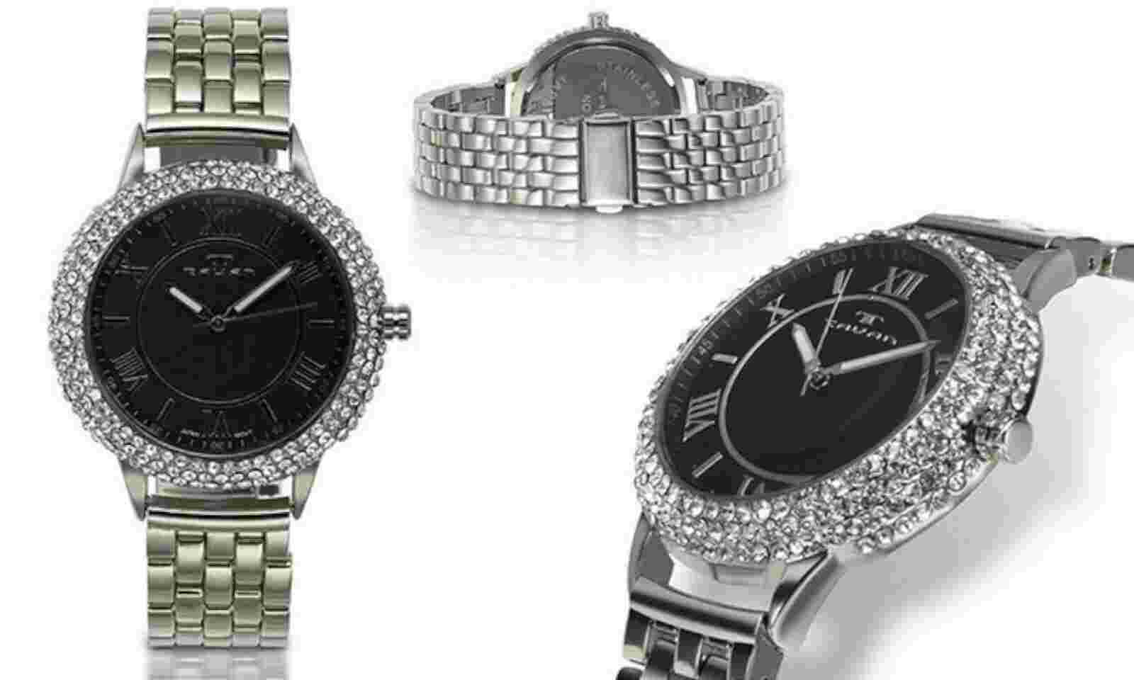 NEW Tavan 1436 Crichett Diamond Pave Bezel Roman Numeral Black Dial Silver Watch