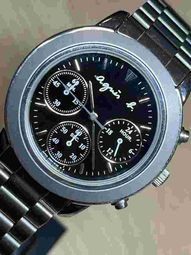 Agnes B. B Chronograph Black Genuine Belt Working Product
