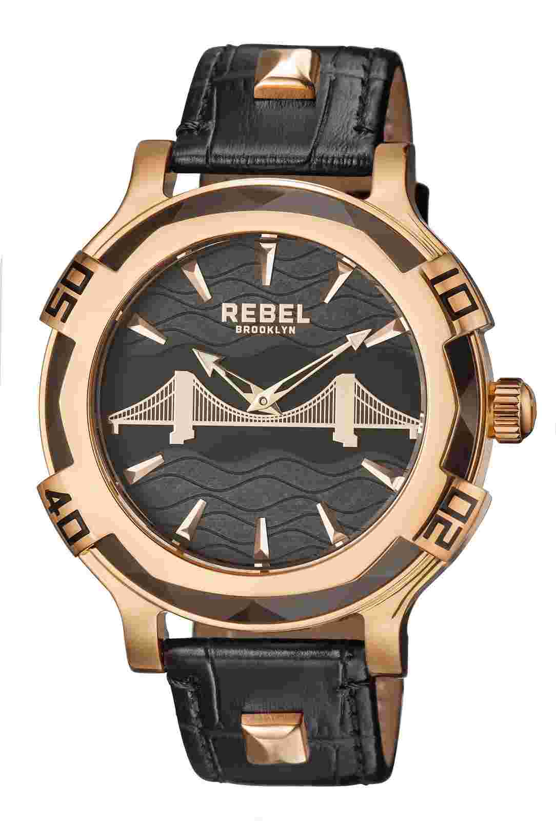 Rebel Men's RB102-8071 Brooklyn Bridge  Rose-Gold IP Steel Black Leather Watch
